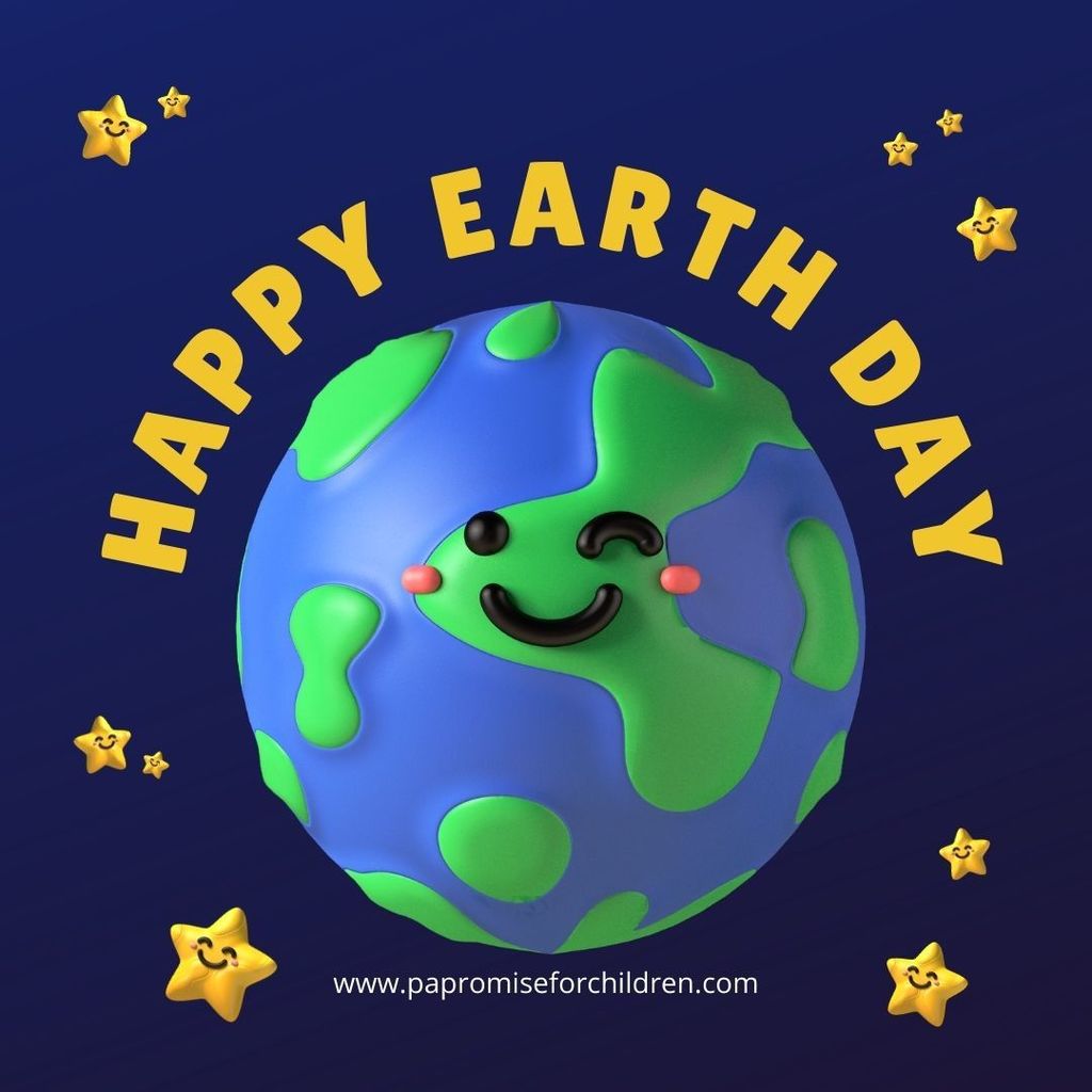 Blue background with yellow text "HAPPY EARTH DAY" and a smiling Earth figure surrounded by stars.
