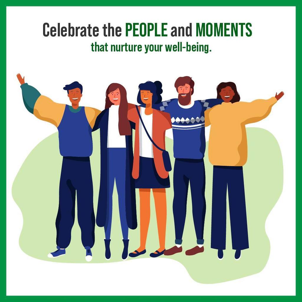 Five people stand together with arms outstretched. A quote reads "Celebrate the PEOPLE and MOMENTS that nurture your well-being."