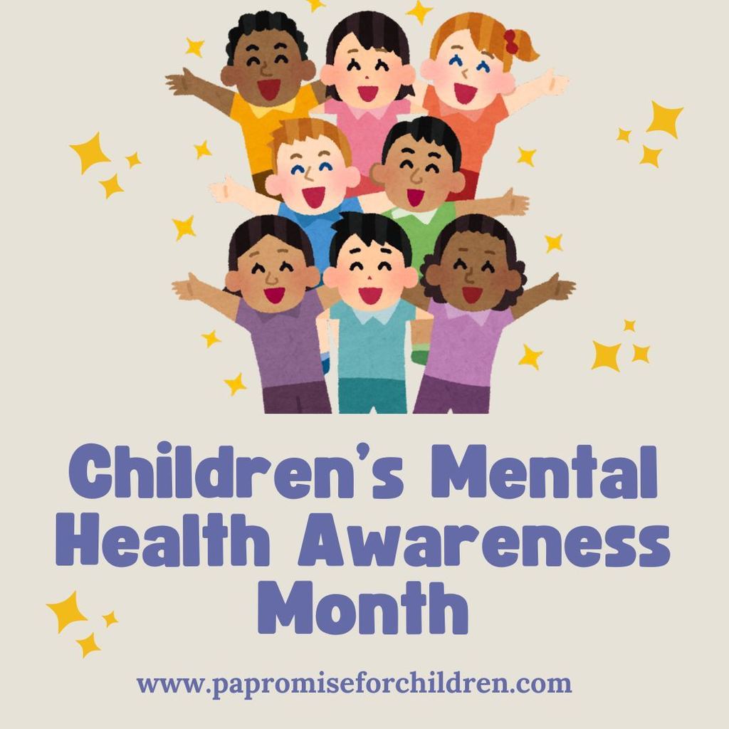 Group of children with smiling faces on a light background. Stars and text "Children's Mental Health Awareness Month".