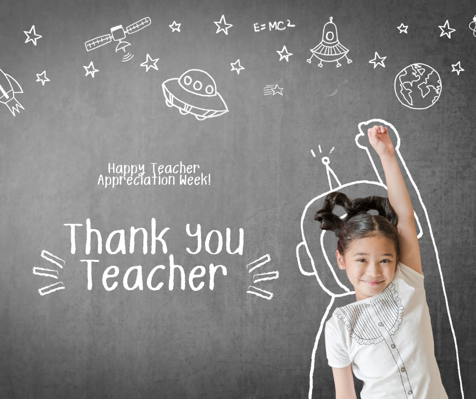 A girl in a white shirt raises her hand before a chalkboard with a space-themed drawing and "Thank You Teacher" text.