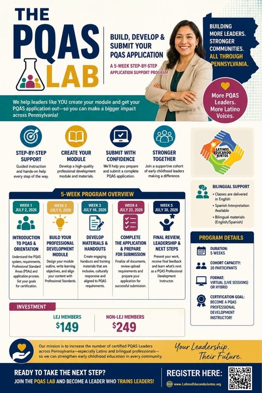 Promotional flyer for "The PQAS Lab" program featuring a 5-week schedule, bilingual support details, and a smiling professional woman.