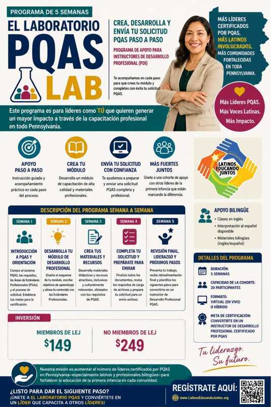 Folleto publicitario en español para "El Laboratorio PQAS Lab" que presenta un cronograma de 5 semanas, detalles del programa y a una mujer profesional sonriente.