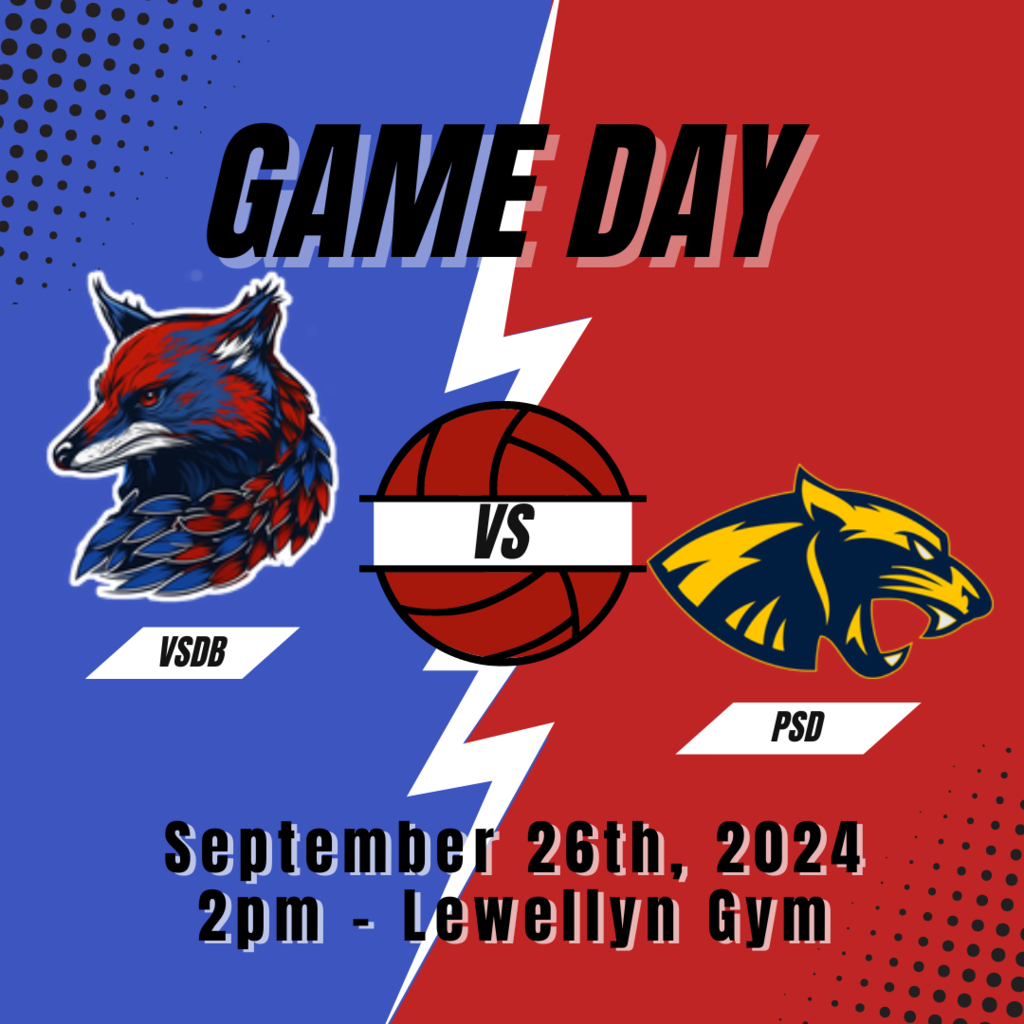 Game Day poster featuring a match between VSDB and PSD on September 26th, 2024 at 2pm in the Lewellyn Gym.