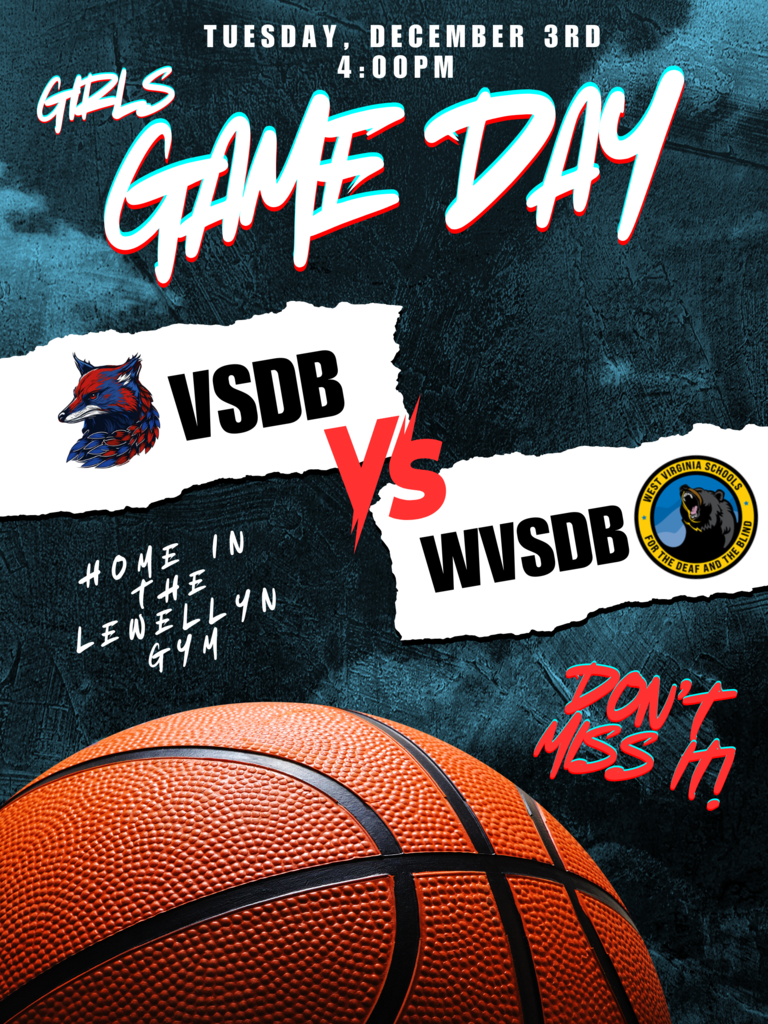 Girls Game Day poster. The event is on Tuesday, December 3rd, at 4:00 PM, taking place at Lewellyn Gym. The poster features a basketball in the lower portion of the image. Two team logos are displayed: VSDB with a red and blue wolf logo and WVDSB with a circular yellow and black logo. The text includes 'VSDB vs WVDSB' in bold, with 'Home in the Lewellyn Gym' written below. The phrase 'Don't Miss It!' is highlighted in red and white in the bottom-right corner.