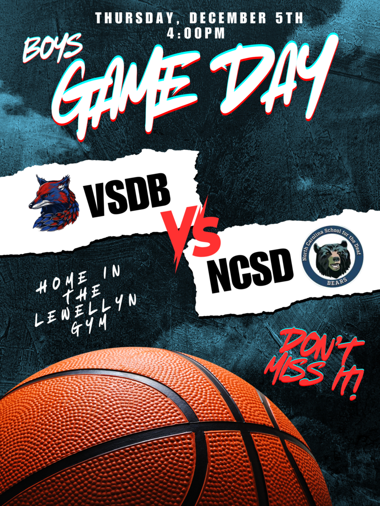 Basketball-themed flyer promoting a boys' game day on Thursday, December 5th at 4:00 PM. The match is between VSDB, represented by a wolf logo, and NCSD, represented by a bear logo. The text indicates that the event will be held at the Lewellyn Gym, with the phrase 'Don't Miss It!' prominently displayed. The background features a textured dark blue design with a close-up image of a basketball at the bottom