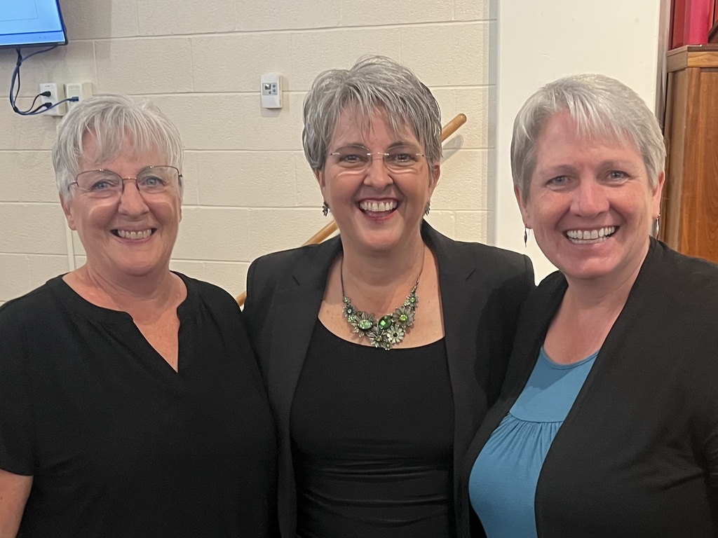three women standing together and smiling for the camera. they all have gray hair in a similar cut and are all wearing similar tops