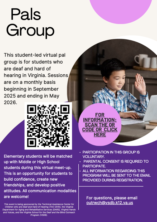 Flyer for Student Pals. Purple decorative shapes with text about the Student Pals sessions and registrations information. Photo of a young child looking at a computer.