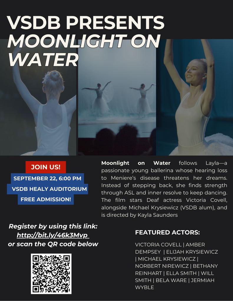 Moonlight On Water Screening Flyer at VSDB with stills from the film of a young woman on a stage in ballerina outfits 