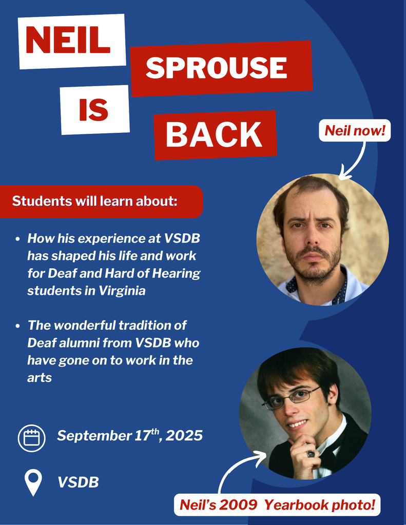 flyer featuring Neil sprouse. blue background with ed and white accents and text. two photos of neil, one current and one from his 2009 Yearbook/senior photo.