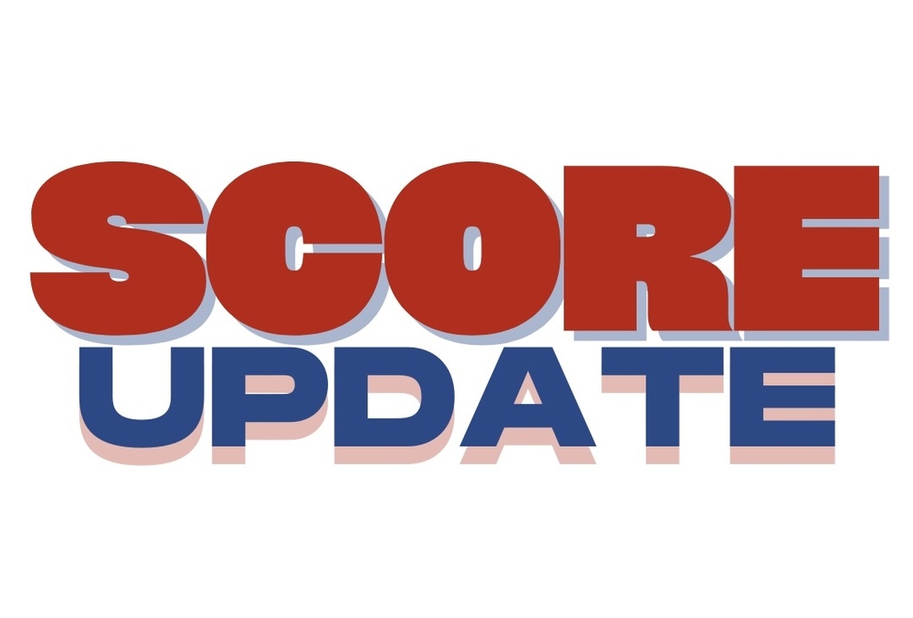 Red and blue text reading score update