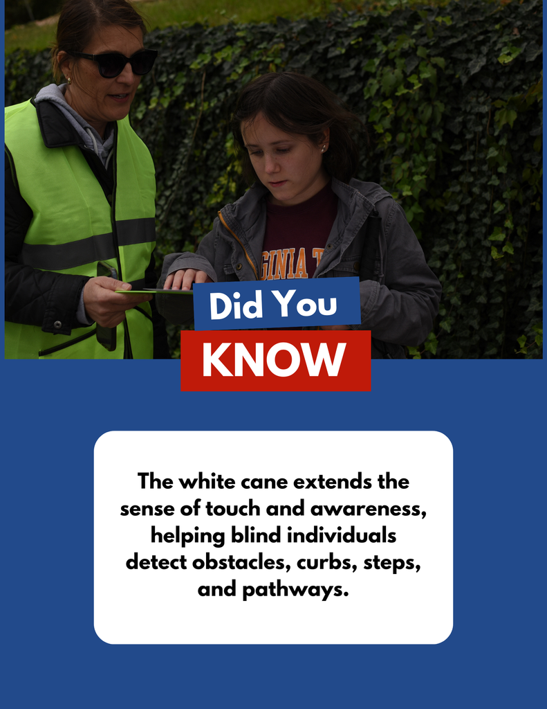Graphic flyer titled ‘Did You Know?’with blue background with text that reads: ‘The white cane extends a person’s sense of touch and awareness, helping individuals who are blind or visually impaired detect obstacles, curbs, steps, and pathways.