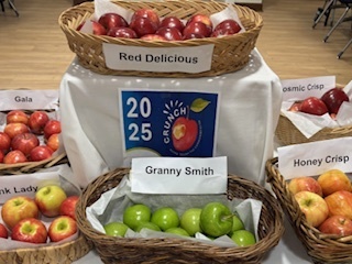 There are several baskets with different types of apples on the table