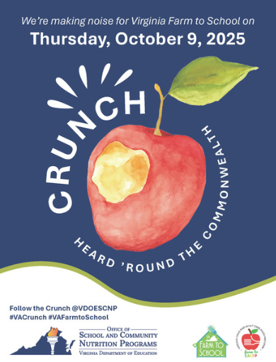 ablue flyer has a big apple with a bite taken out of it in the middle and shares the information about Crunch day!