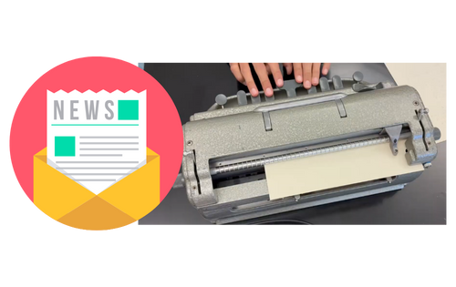 graphic icon showing a newspaper coming out of an envelope, next to a photo of a student typing on a brailler