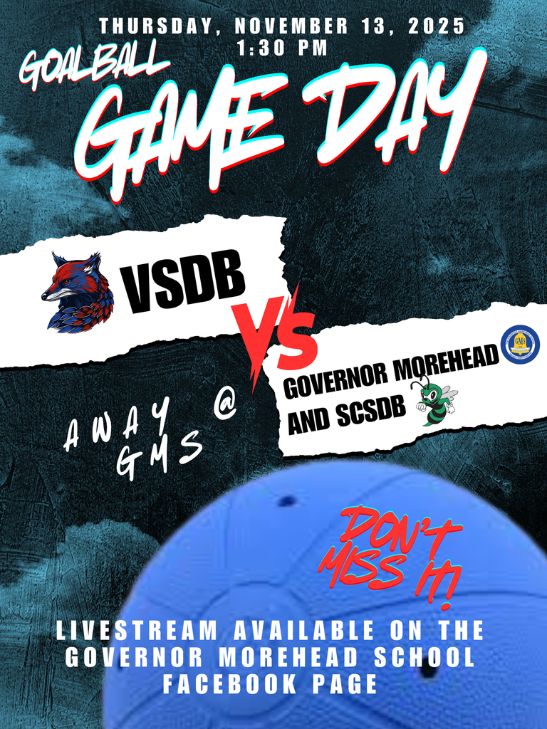 gameday flyer. large goalball with VSDB vs GMS and SCSDB mascots and game time information