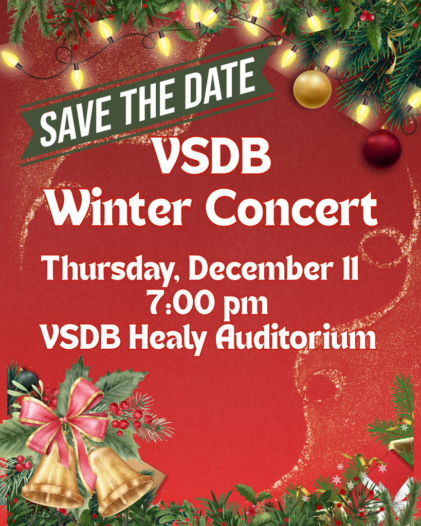 A festive winter concert poster featuring christmas elements and the event details for the Virginia School for the Deaf and the Blind’s Winter Concert