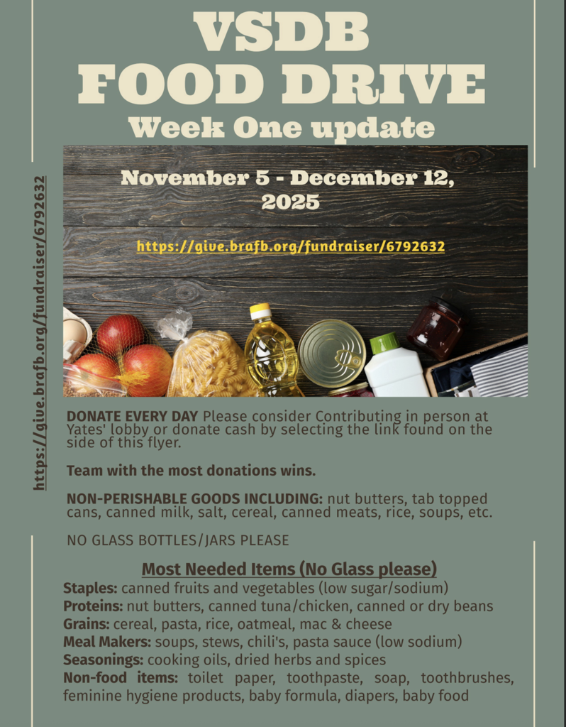 ocial media graphic promoting the VSDB Food Drive with donation boxes, event dates, and team colors