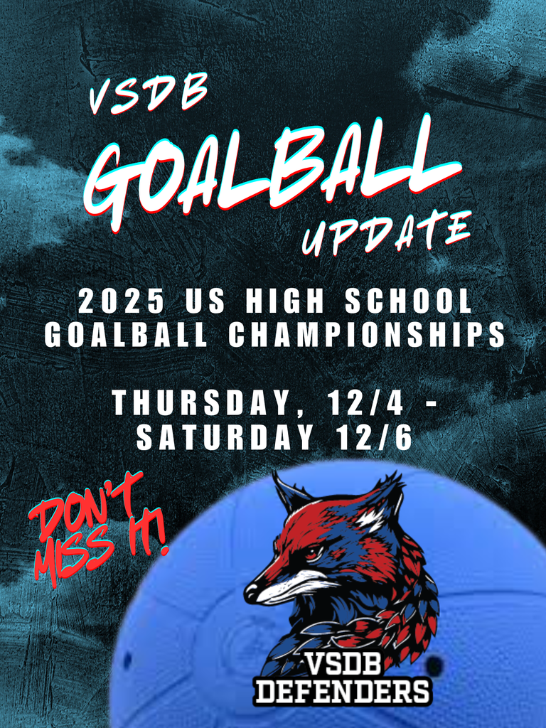 goalball update flyer - textured background image with a goalball in the bottom right corner. text reads: VSDB Goalball Update. 2025 US High School Goalball Championships. Thursday 12/4-Saturday 12/6. Don't miss it! and image of the VSDB Defenders mascot is in the bottom right corner on the goalball.