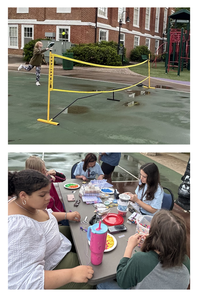 two images. top image: student playing pickleball. bottom image: students making beaded jewelry. 