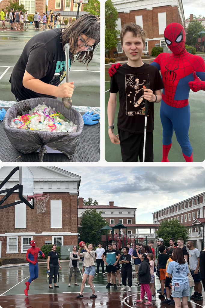 three images: top left: one student digs in ice, trying to uncover prizes frozen within. top right: student stands with spiderman. bottom: all students watch as spiderman and one student shoot basketball. 