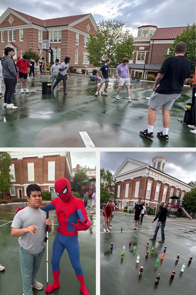 three photos. top image: blind dept students playing "Can Jam". bottom left: Angel standing with spiderman. bottom right: students playing ring toss. 