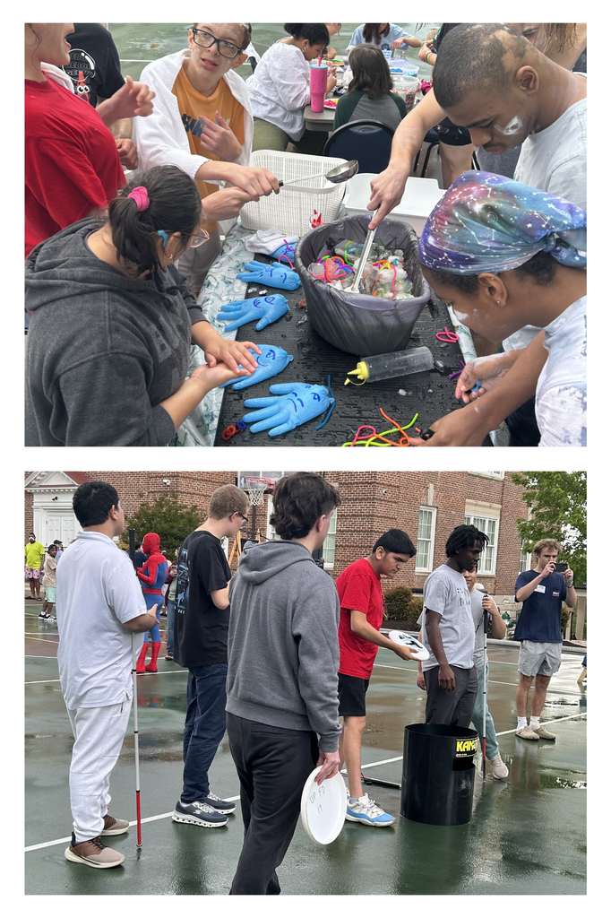 two photos. top image is a group of students working together to remove prizes out of an ice block. bottom image is students playing "Can Jam"