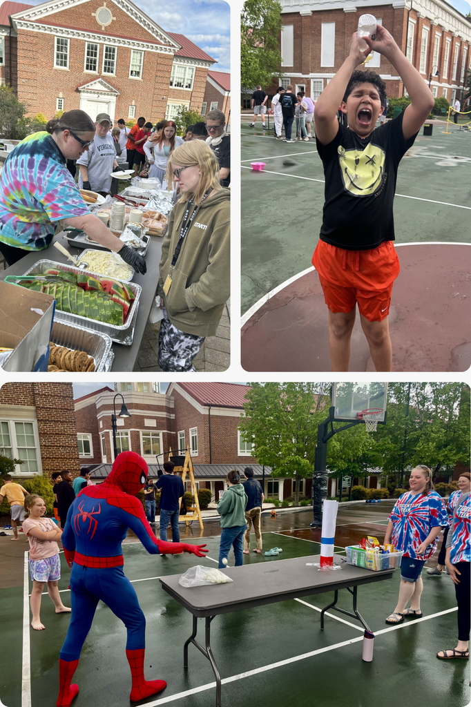 three images. top left: cookout set up and students going through the line to make their plate. top right: one student making an exaggerated face as he dumps water on his own head. bottom image: spiderman playing one of the table games, trying to bounce a ping pong ball into one long cylinder.