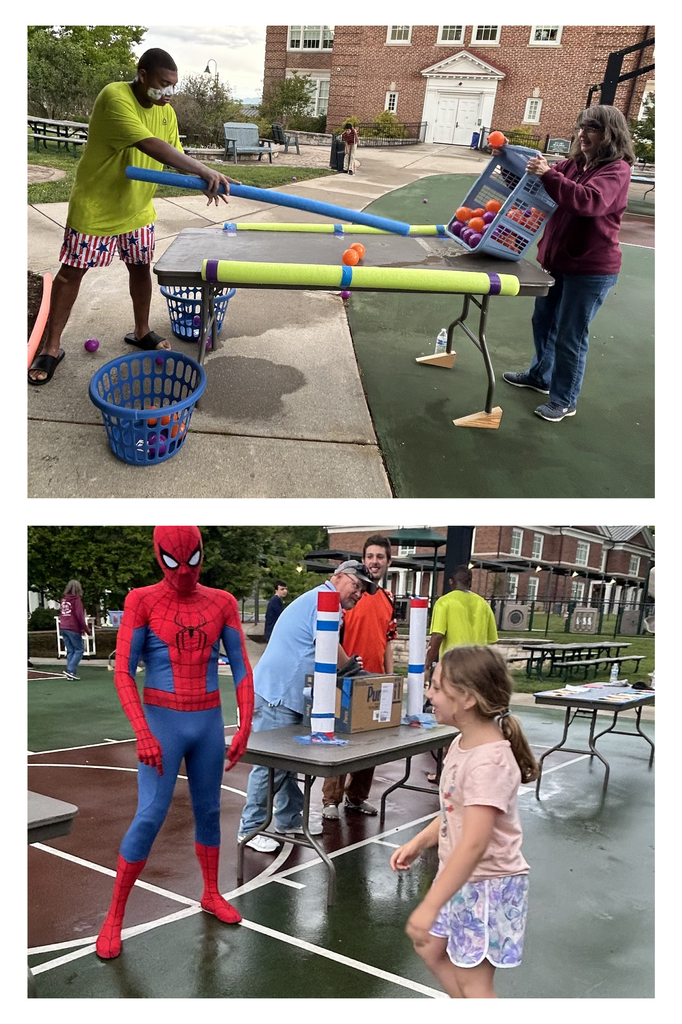 two photos. top image: one student playing a table game swiping balls with a pool noodle into baskets. bottom image:spiderman and female student laughing