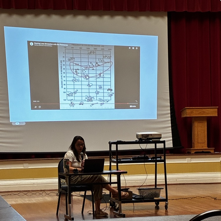 woman presenting a slideshow with an image of an audiogram on the screen