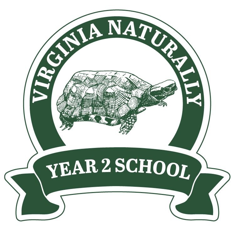 "VA Naturally Year 2 School" badge. Green and white with a drawing of a turtle in the middle.