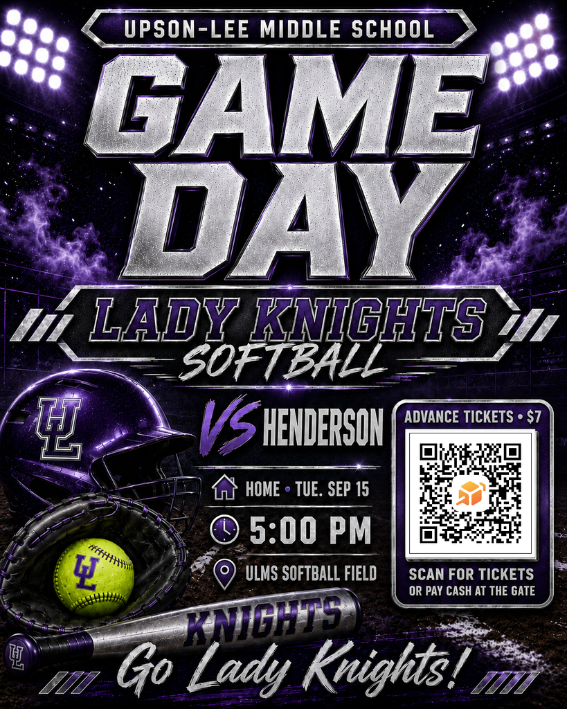 ULMS Softball Game Day flyer: Knights vs Henderson, Tuesday, September 15, 2026, 5:00 PM, ULMS. Home-game ticket QR code included; advance tickets are $7 and cash is accepted at the gate.