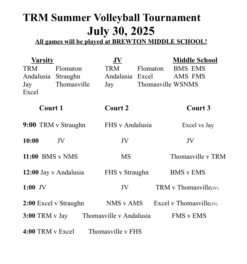 The THS Lady Tigers varsity and junior varsity volleyball teams will participate July 30 in a T.R. Miller tournament at the Brewton Middle School. The varsity will play at 11 a.m. The JV team will play back-to-back at 1 and 2 p.m. The varsity will also play at 3 and 4 p.m. Admission is $6. This will be THS volleyball's only exhibition date of the summer.