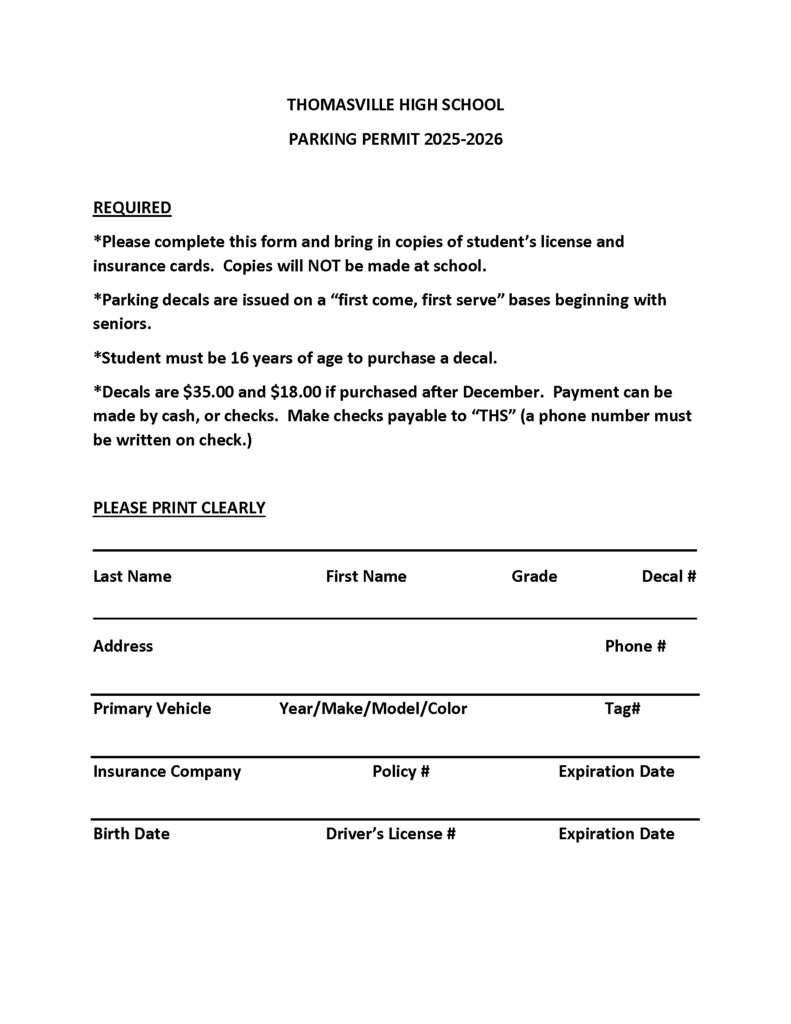 Parking permits for THS Seniors will be sold July 28 from 8 to 11:30 a.m. Juniors can buy their parking permits, also on July 28, from 1:30 to 5 p.m.   On July 29, Sophomores can buy their parking permits from 8 to 11:30 a.m., and Freshmen can buy their permits from 1:30 to 5 p.m.   Students can pick up the forms from a table set outside the front door of THS, any day or time, between now and July 28. The fee for parking is $35, and the form must be filled out front-and-back and signed by a parent with a copy of their driver's license and insurance card. If they do not have all the items with them, they can not get or reserve a spot. Contact the THS Main Office for more information.