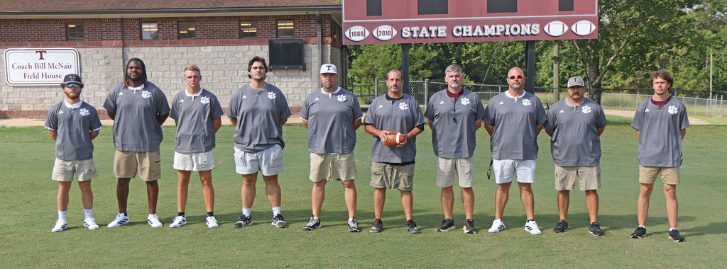 Coaches for the 2025 Thomasville High School Tigers varsity football team include assistant coaches Trent Smith, Ryan Anderson, Riley Jones, Austin Mason, Adam Elliott, head coach Clint Anderson, Russell Stephens, John David Phillips, Cody Drinkard and Coleman Anderson.