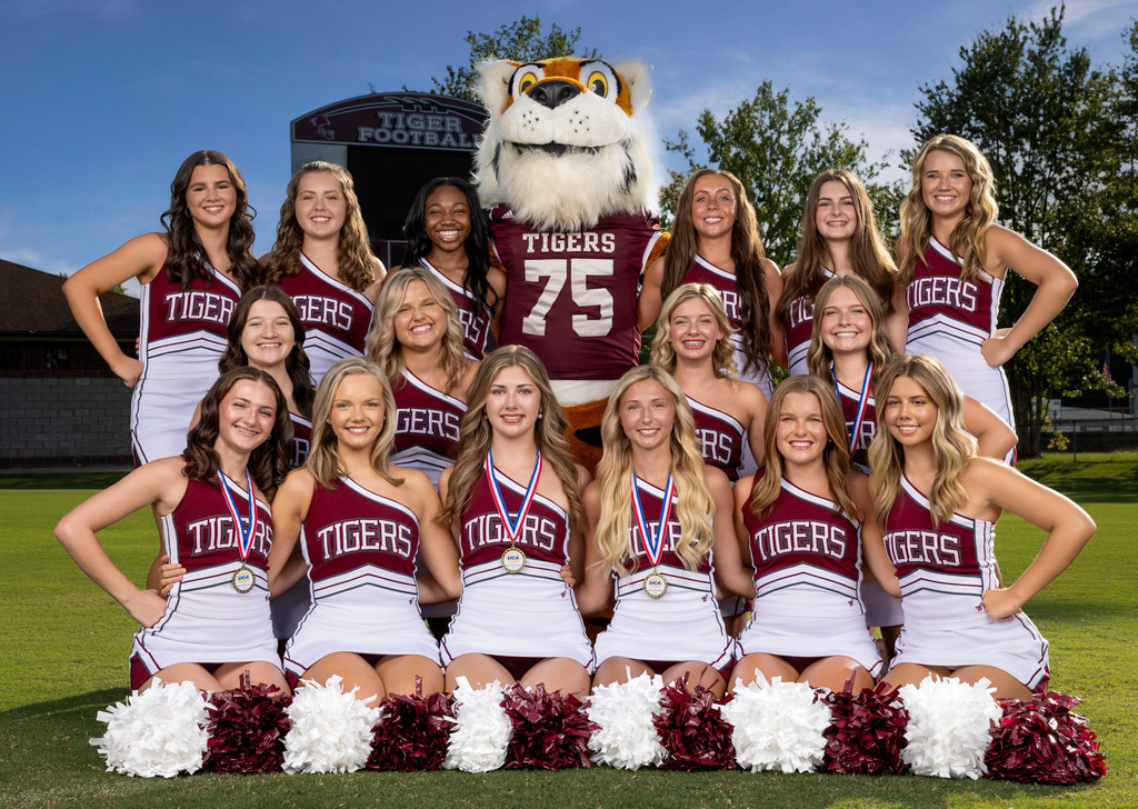 The Thomasville High School cheerleaders for the 2025-2026 school year include (front, seniors) Paige Dailey, Madison Morris, Mary Claire Ledkins, Phoebe Pilkington, Ann Margaret Walters, and Ella Norris; (second row) Gabbie Harrison, Faith Hudson, Mary Kendyl Williams, and Addyson Webb; (third row) Eliza Harvell, Abigail Nordan, Gracie McCampbell, Thomas Aguiar (mascot), Mary Lindsey Drinkard, Summer Cartwright, and Emma Lambard.
