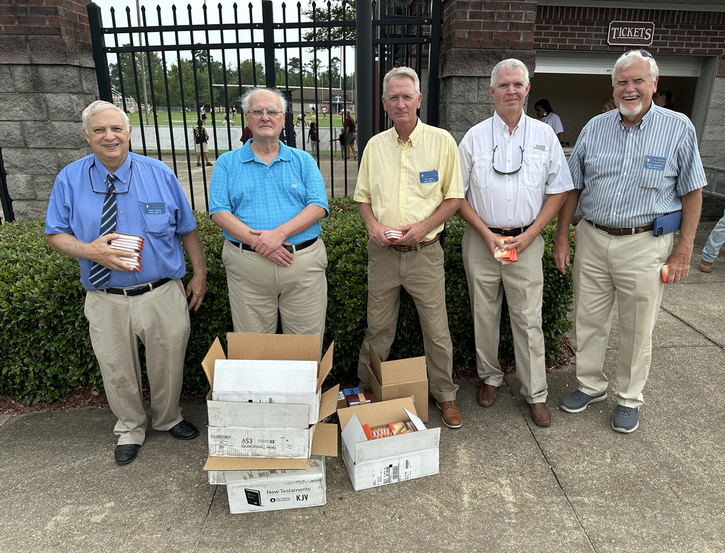 Thank you to the Gideons for handing out Bibles Aug. 22 at the THS football game. Pictured are Henry Burge, Dee Etheridge, Tim Kelley, Bill Graves and Brad Larrimore.
