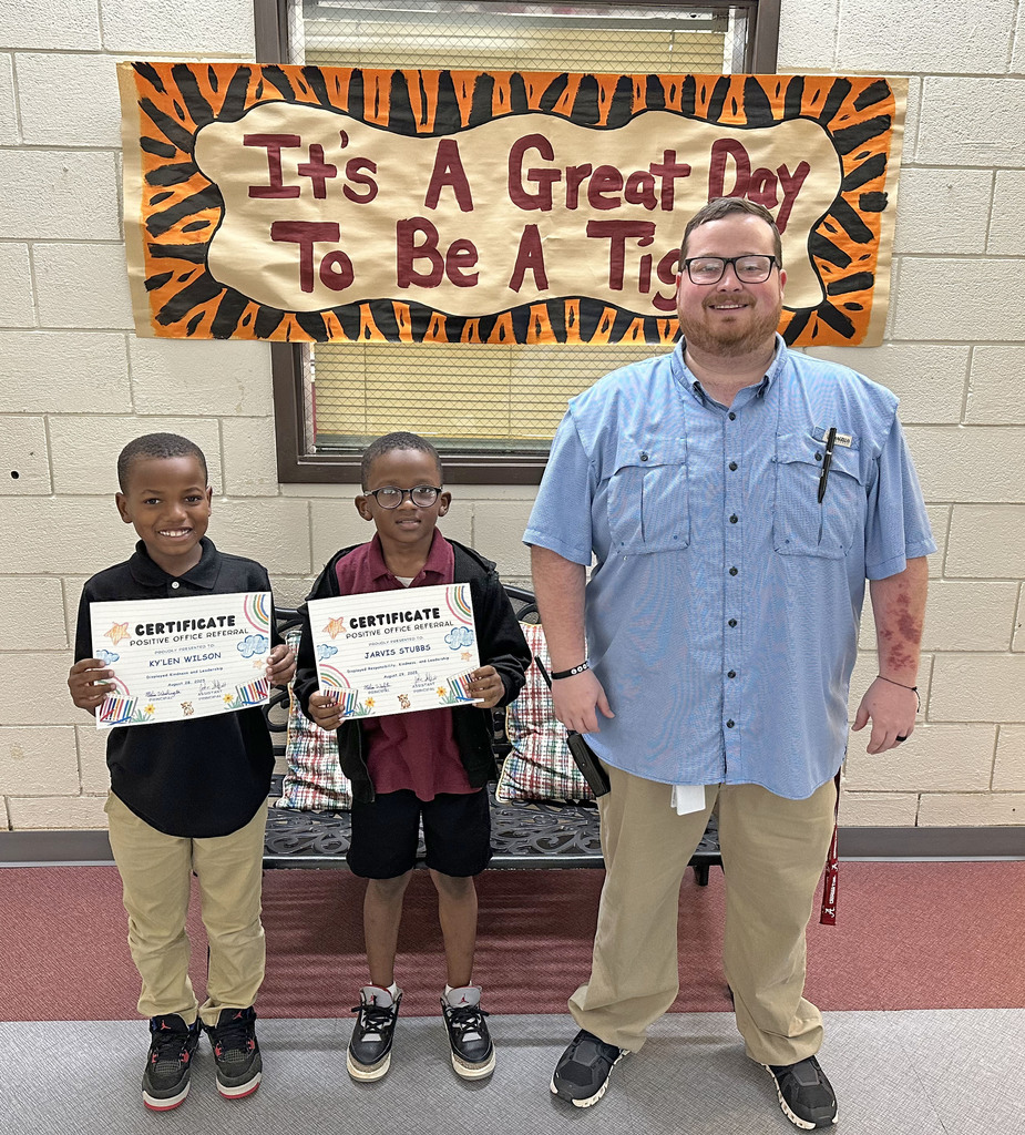 Ky'Len Wilson, a second grade student in teacher Colleen Daniels' class, and Jarvis Stubbs, a first grade student in teacher Kasey Fleming's class, have received "Positive Office Referrals," as they have both displayed kindness and leadership. The two students at Thomasville Elementary School are pictured with John Sheffield, TES Assistant Principal.