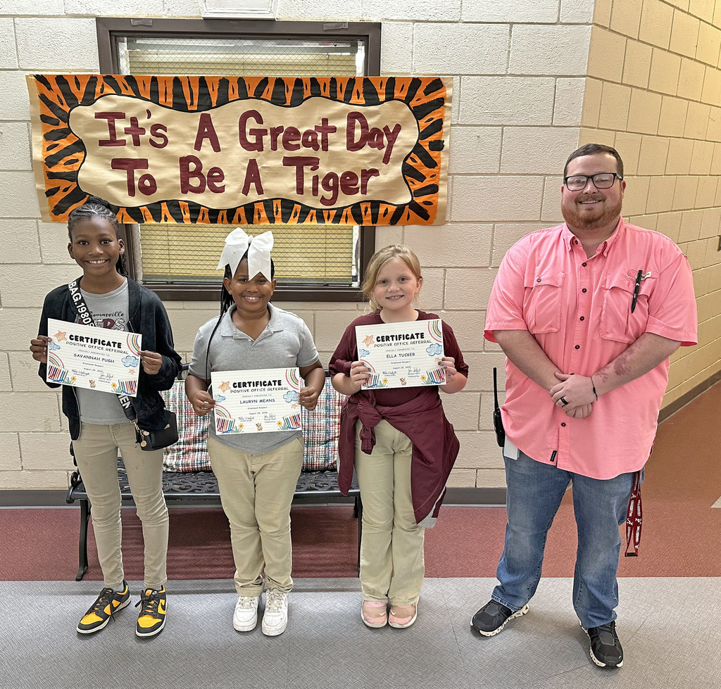 Savannah Pugh, Lauryn Means and Ella Tucker, fourth grade students at Thomasville Elementary School, have received "Positive Office Referrals" for using their time wisely in the classroom. All three students are from teacher Wendy Martin's class, and they are pictured with John Sheffield, TES Assistant Principal.