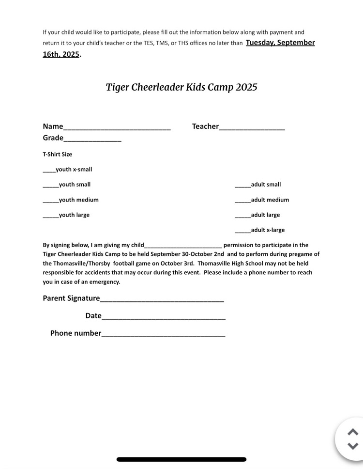 Cheer Clinic Students in grades K-6 Clinic dates: September 30, October 1, October 2 Perform before the game on October 3 Deadline to register: Tuesday, September 16 No late registrations accepted.