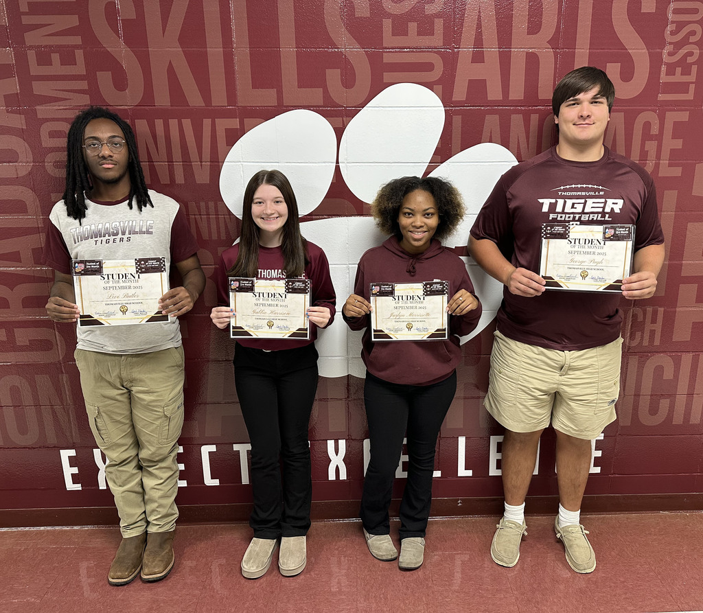 "Students of the Month" for September 2025 at Thomasville High School include Levi Butler, Ninth Grade; Gabbi Harrison, 10th Grade; Jazlyn Morrisette, 11th Grade; and George Pugh, 12th Grade.