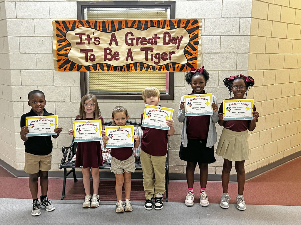"Students of the Month" for August 2025 at Thomasville Elementary School include Kaiden Williams, First Grade; Riley Kate O'Bryant, Kindergarten; Kadence Hutto, Pre-K; Kayden Nichols, Second Grade; Londyn Simon, Third Grade; and Ariel Malone, Fourth Grade.