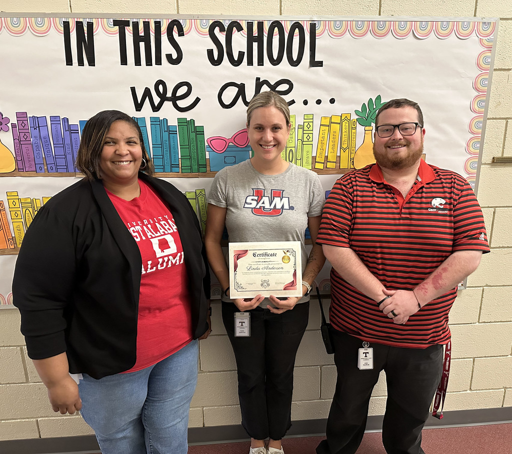 Linda Anderson (center), Reading Coach, was selected as the "Staff Member of the Month" for August 2025 at Thomasville Elementary School. She is pictured with Melissa Washington, TES Principal; and John Sheffield, TES Assistant Principal.