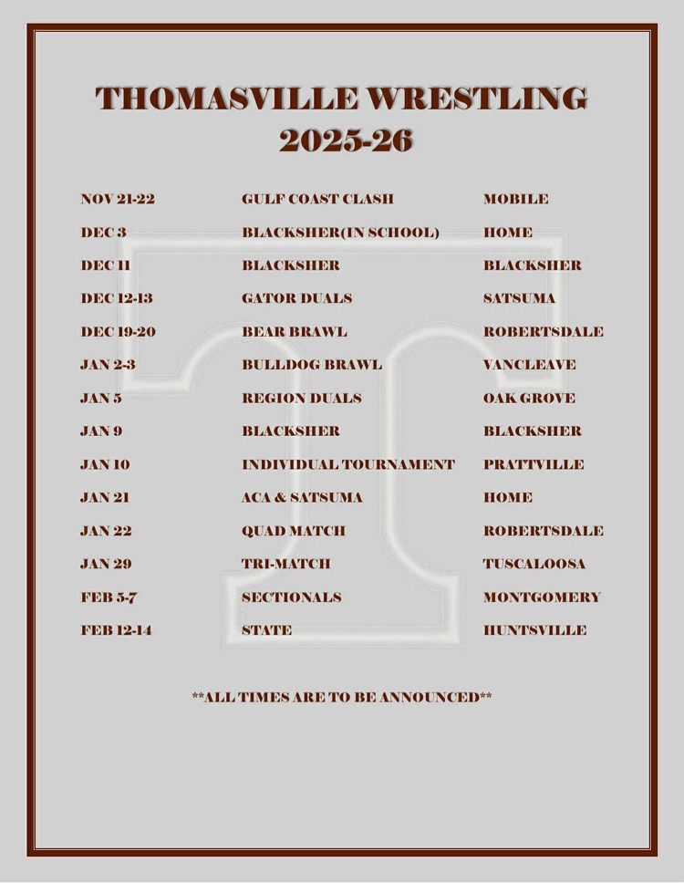 THS wrestling schedule 2025-2026