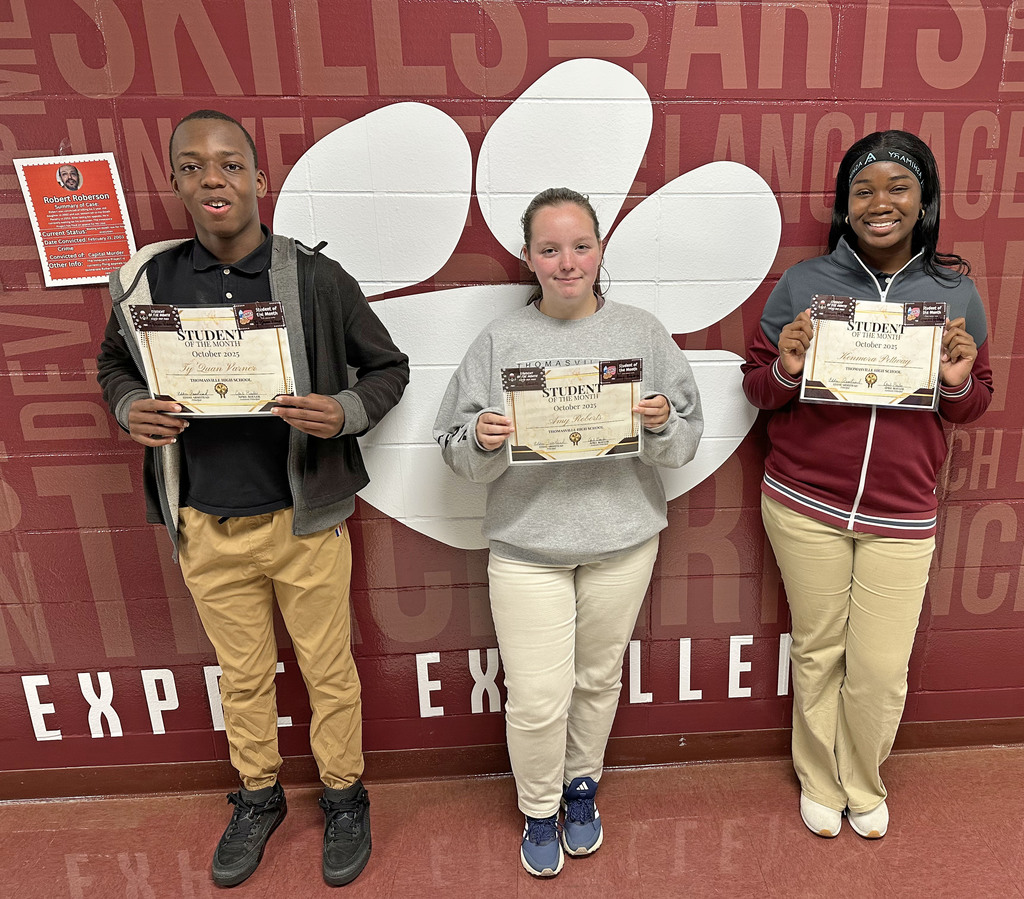 "Students of the Month" for October 2025 at Thomasville High School include Ty'Quan Varner, Ninth Grade; Amy Roberts, 10th Grade; and Kenmora Pettway, 12th Grade.