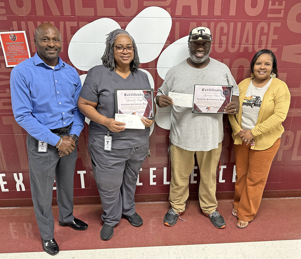 Danielle Pugh and Quentin Owes (center), custodians at Thomasville High School, were honored Oct. 2 in recognition of National Custodian Day. They are pictured with Eddie Armstead Jr., THS Principal; and April Bouler, THS Assistant Principal.