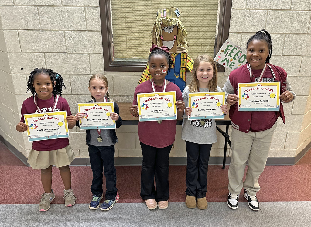 "Students of the Month" for September 2025 at Thomasville Elementary School include Ariel Shamburger, Kindergarten; Breeanna Brunson, First Grade; Chloe Pugh, Second Grade; Claire Drinkard, Third Grade; and Tyunna Tucker, Fourth Grade. Avery Self, Pre-K, is not pictured.