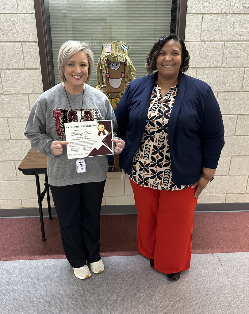 Bethany Elam (left), Reading/Math Interventionist, has been chosen as the "Staff Member of the Month" for September 2025 at Thomasville Elementary School. She is pictured with Melissa Washington, TES Principal.