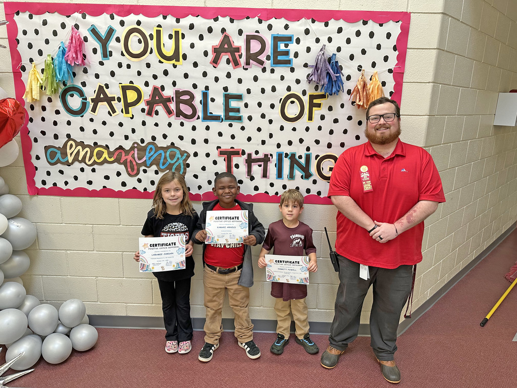 More students at Thomasville Elementary School have received "Positive Office Referrals" from teachers for displaying leadership, kindness and responsibility. The students recognized are Laramie Jordan, First Grade; and Kamari Arnold and Emmett Powell, Kindergarten. They are pictured with John Sheffield, TES Assistant Principal.