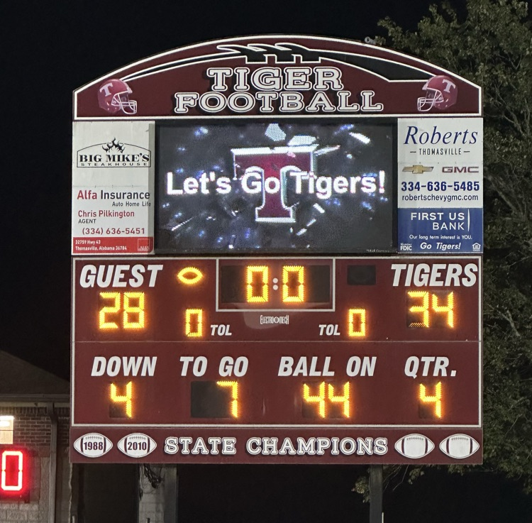The THS Tigers varsity football team defeated Clarke County 34-28 Oct. 30 at D.F. Anderson Field. The Tigers travel next Friday, Nov. 7 to Smiths Station to play Glenwood School in the first round of the state playoffs. Kick off is 7 p.m. central.