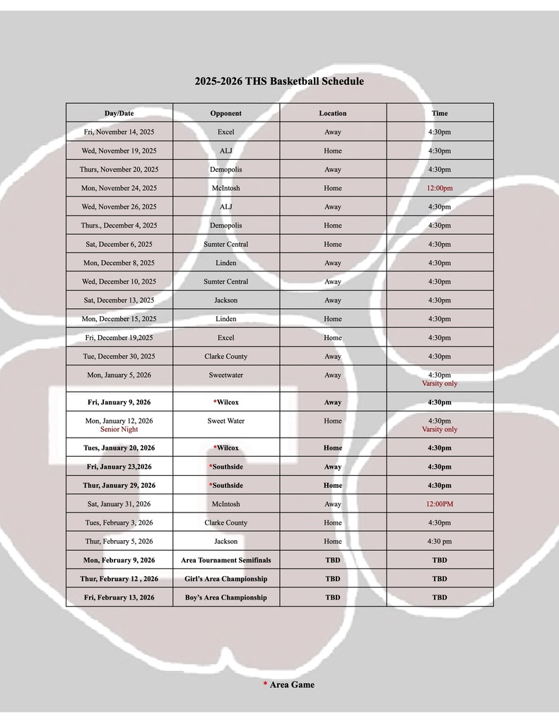 Updated THS basketball schedule 25-26. Season formally begins on Nov. 14.